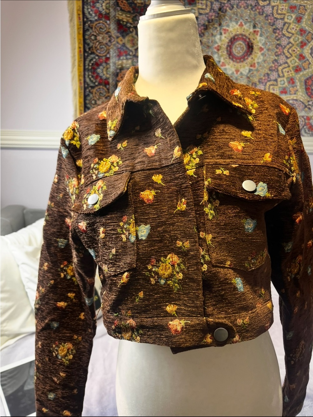 Wild Honey Brown Floral Cropped Jean Jacket